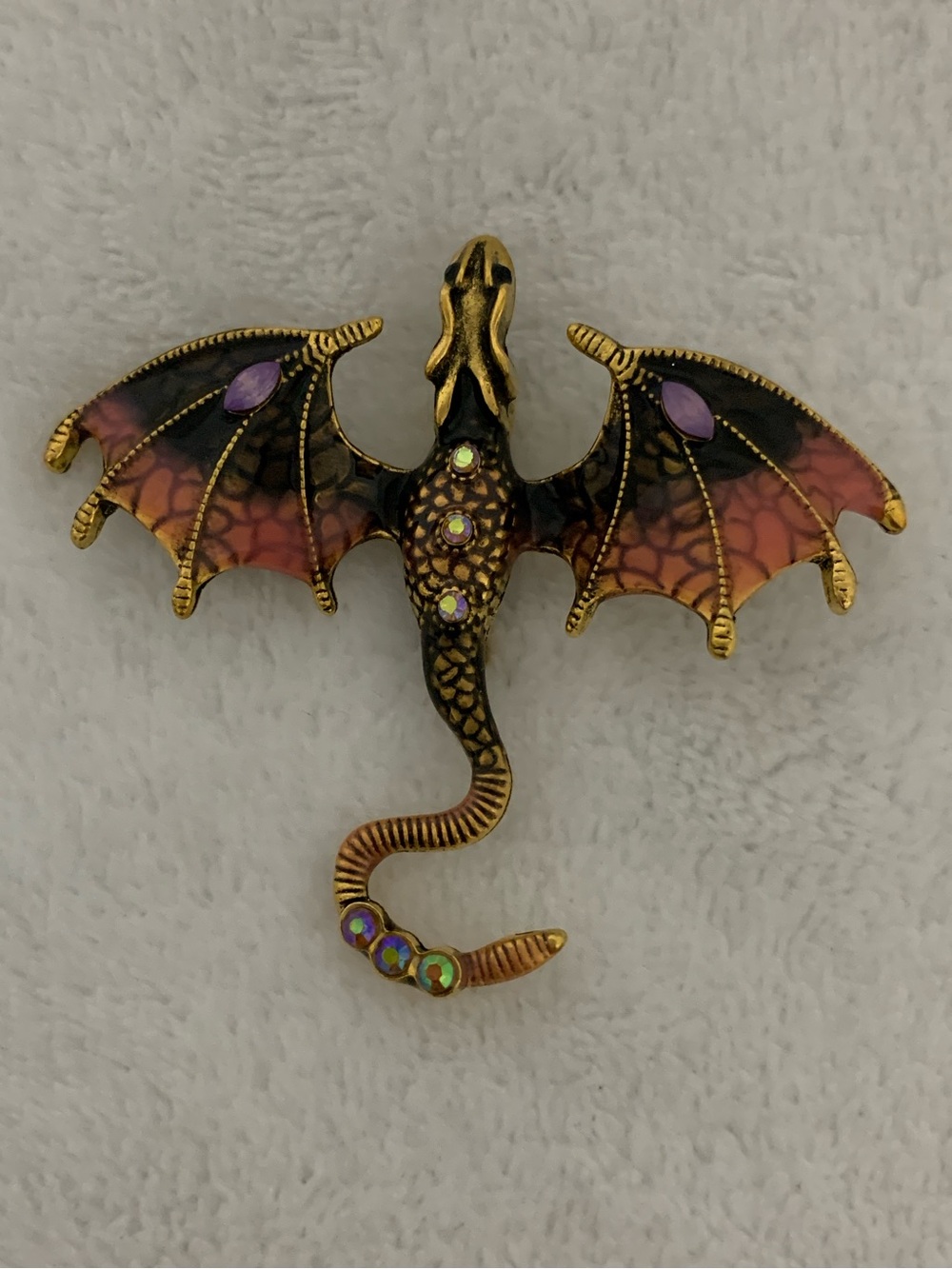 Gold Dragon Brooch with Purple and Pink Wings